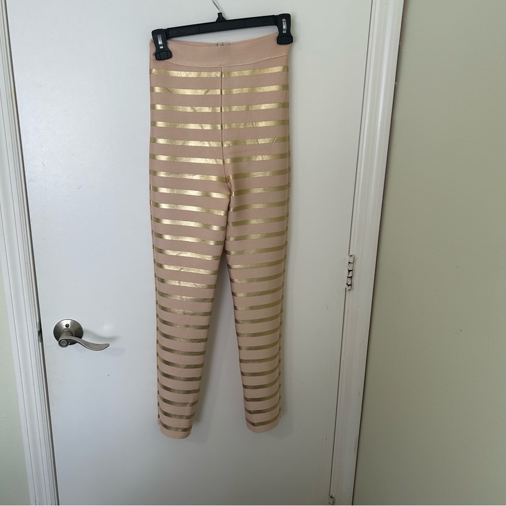 Women’s Bandage Nude and Metallic Gold Striped Pants Trousers Crop Top Set